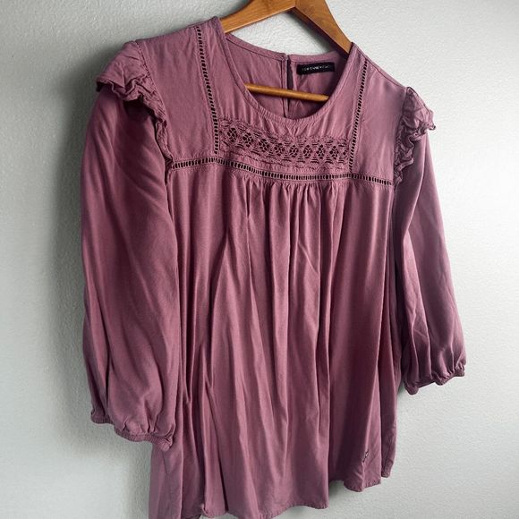 Adrienne Vittadini Blouse Round Neck Boxy Fit Ruffeled Long Sleeve Mauve Pink L - Picture 4 of 9
